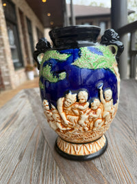 Vintage Japanese Majolica Cherub Vase – Cobalt Blue Relief Putti Pottery, Made in Japan