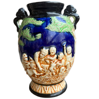 Vintage Japanese Majolica Cherub Vase – Cobalt Blue Relief Putti Pottery, Made in Japan