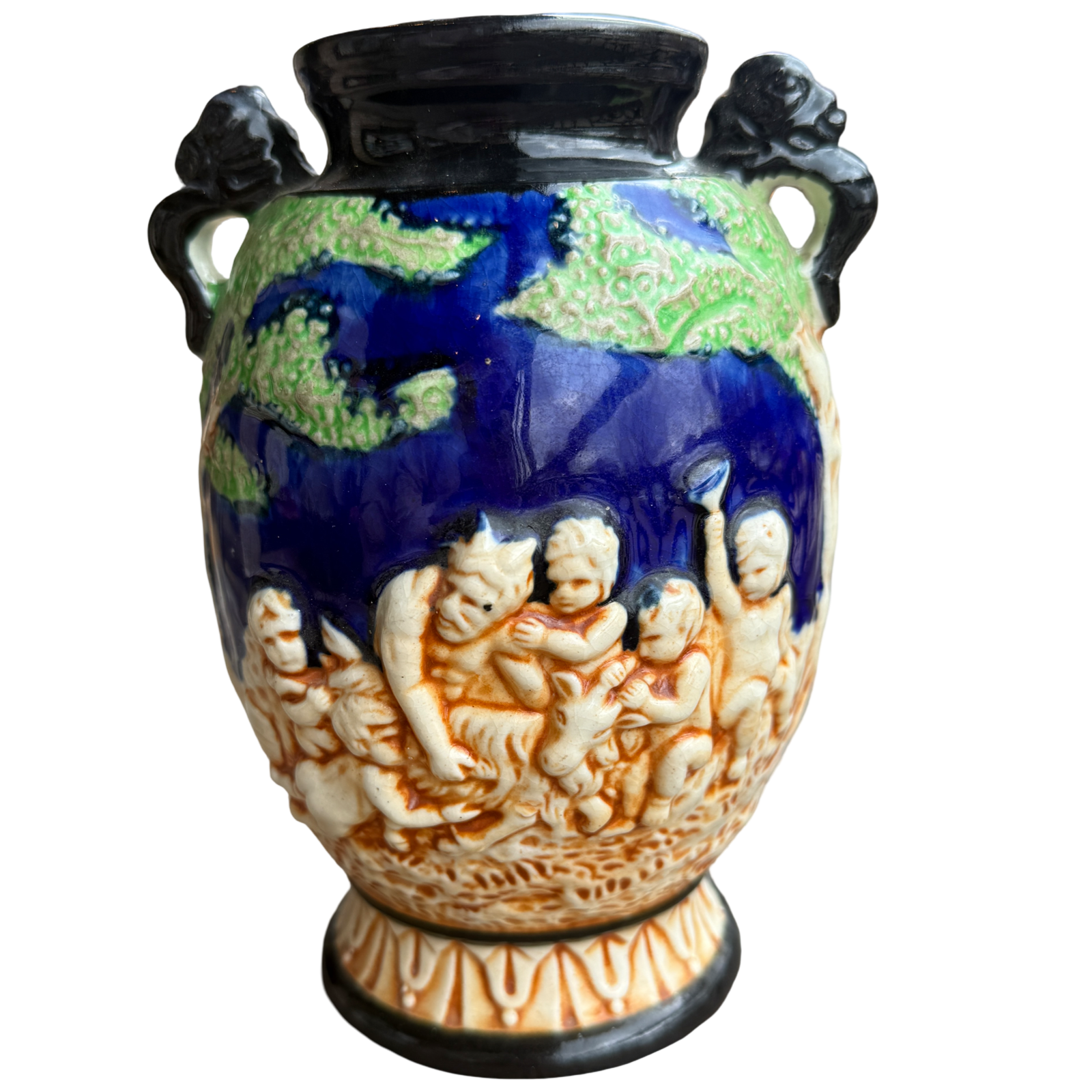 Vintage Japanese Majolica Cherub Vase – Cobalt Blue Relief Putti Pottery, Made in Japan