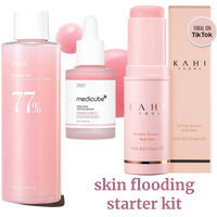 skin flooding kit, glass skin trio, k-beauty skincare set, hydrating skincare, Korean skincare bundle, Anua Peach 77 toner, Medicube serum, Kahi balm, skin flooding steps, glow skincare, TikTok skincare products, dewy skin essentials, beginner skincare bundle, skincare gift set
