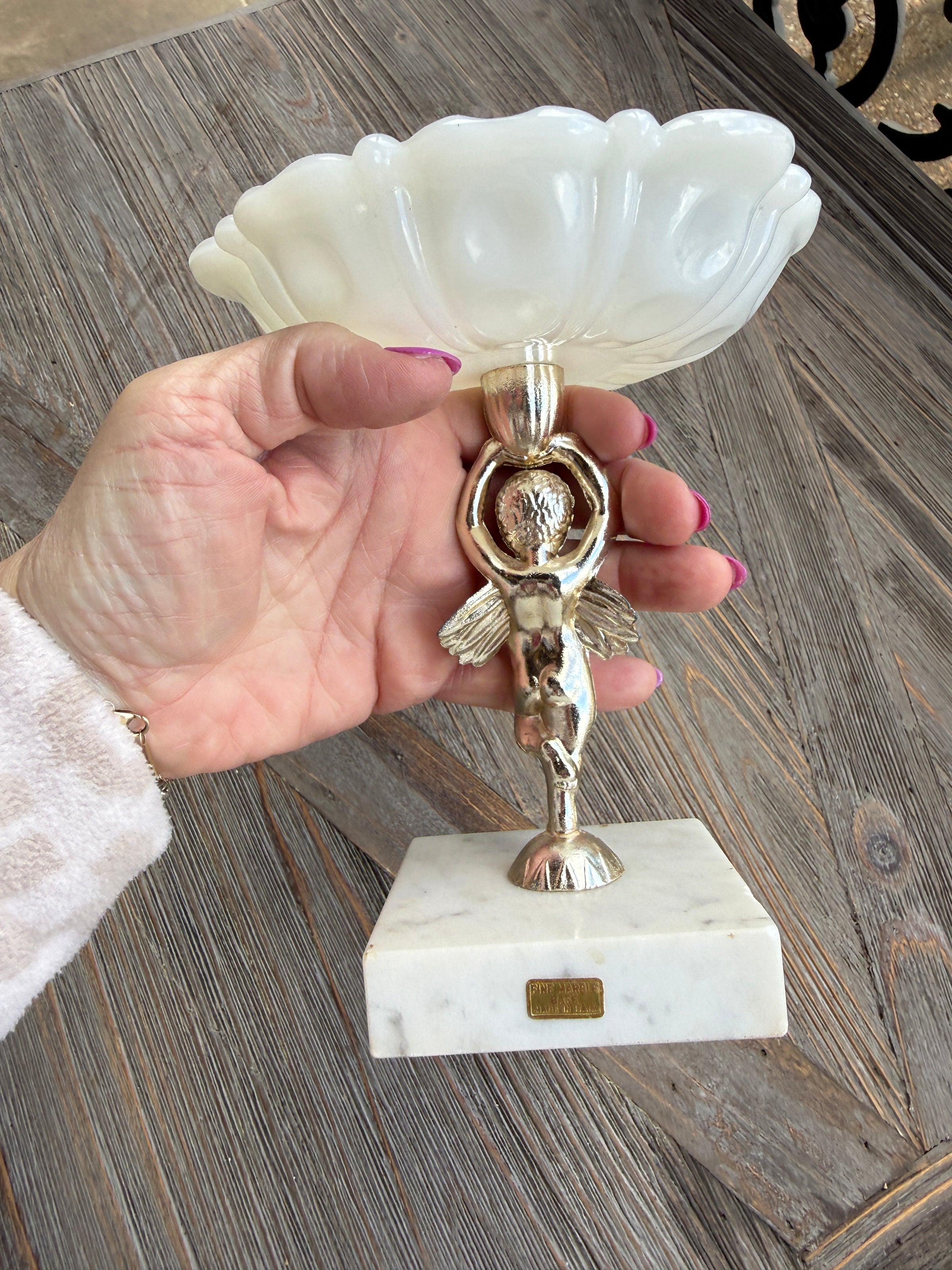Vintage Cherub Pedestal Dish with Marble Base and Milk Glass Bowl