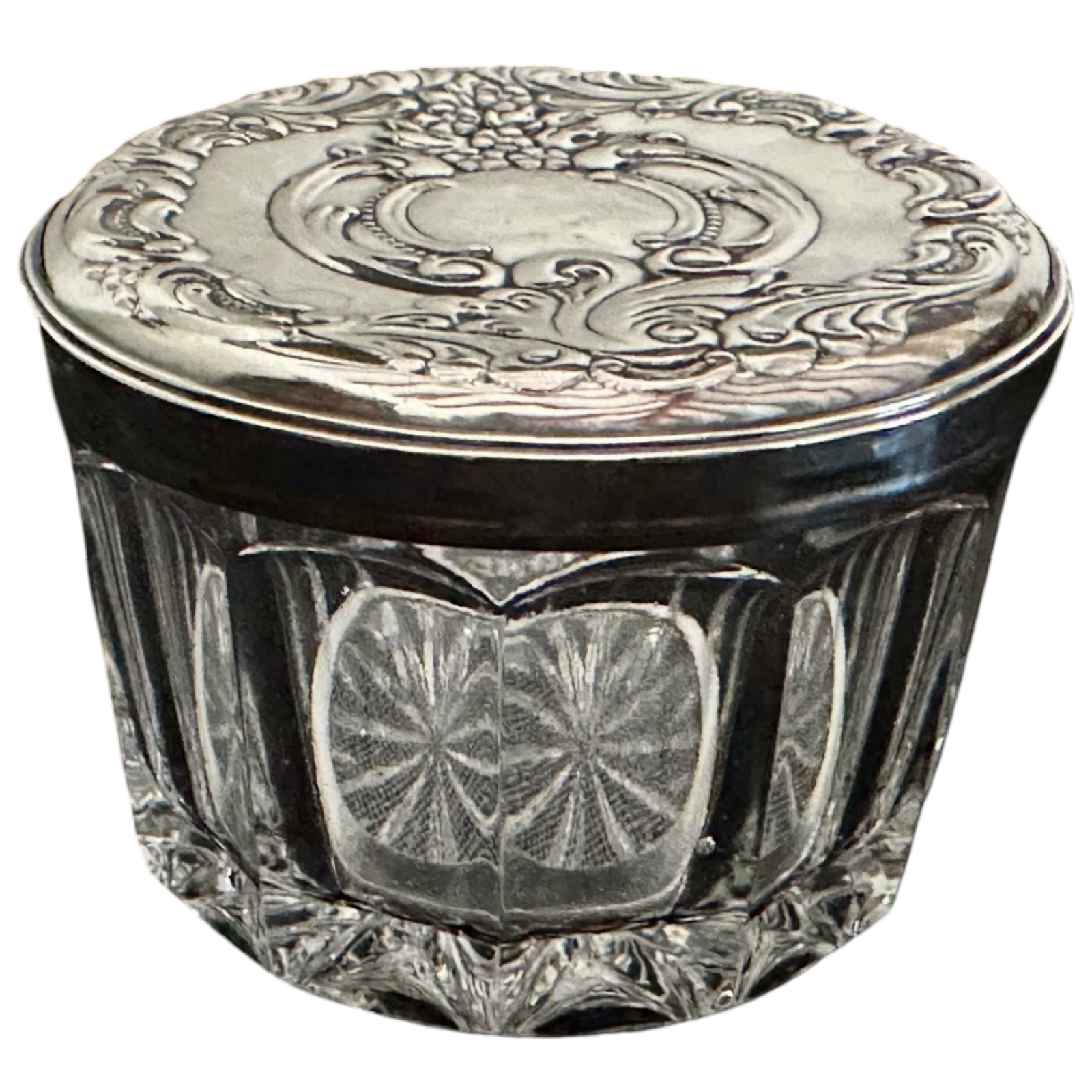 Antique Wallace Sterling Silver Repoussé Lid Cut Glass Vanity Jar