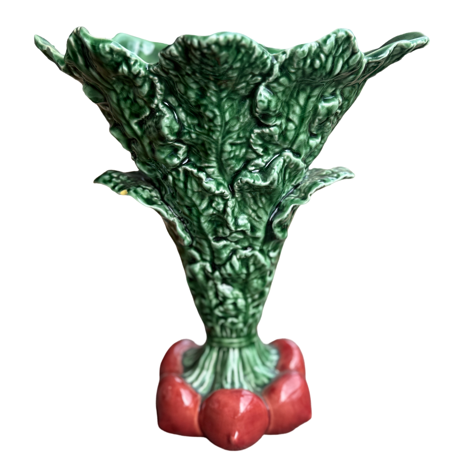 Vintage Style Majolica Cabbage Leaf Vase with Radish Base