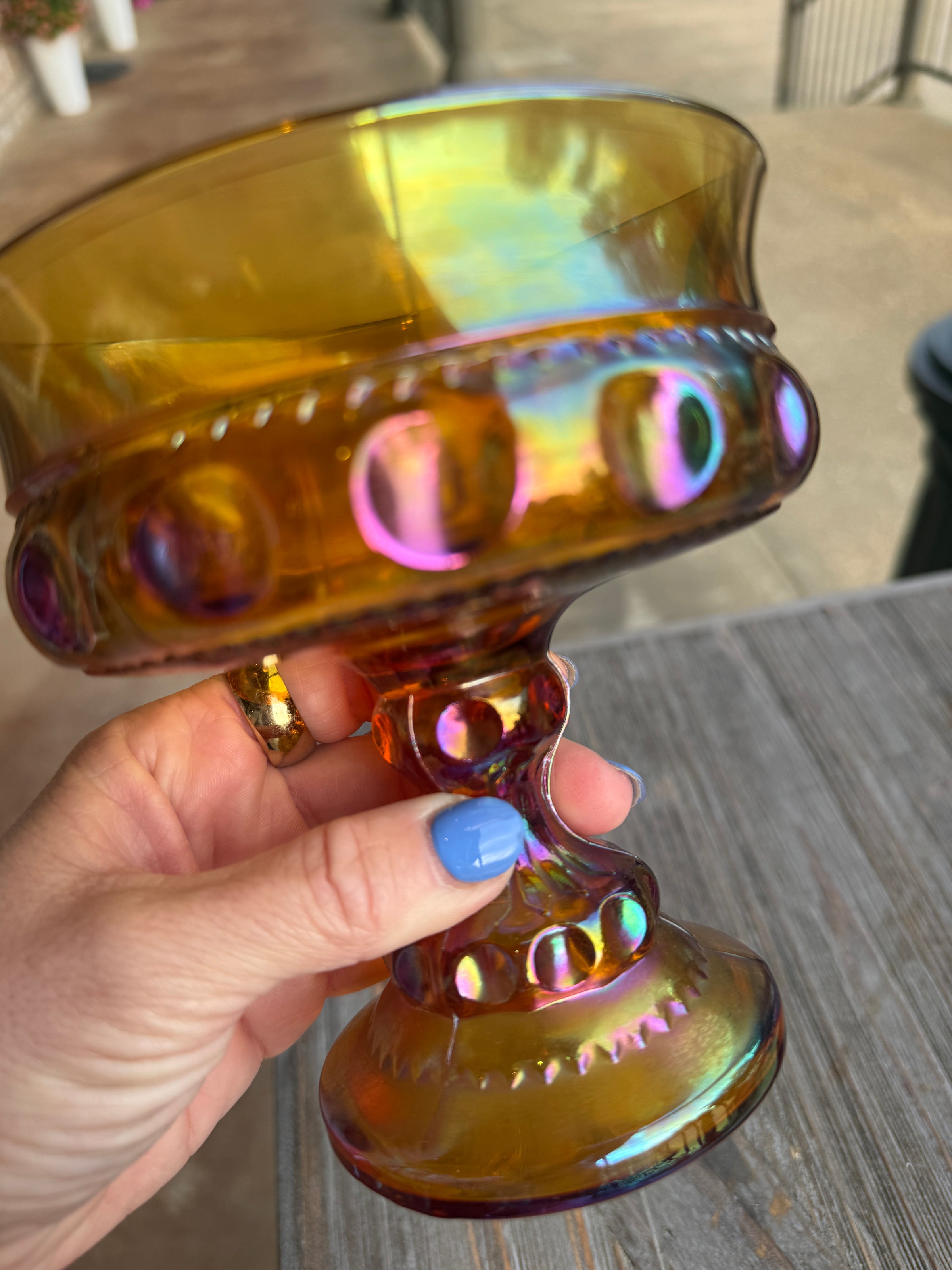 Vintage Amber Carnival Glass Pedestal Bowl