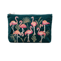 Elizabeth Scarlett London - Flamingos Everyday Pouch: Emerald / Velvet