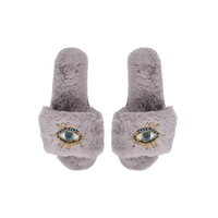 BEADED EVIL EYE SLIPPERS: Grey