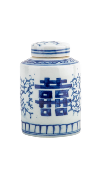 Blue and White Double Happiness Small Cylinder Jar