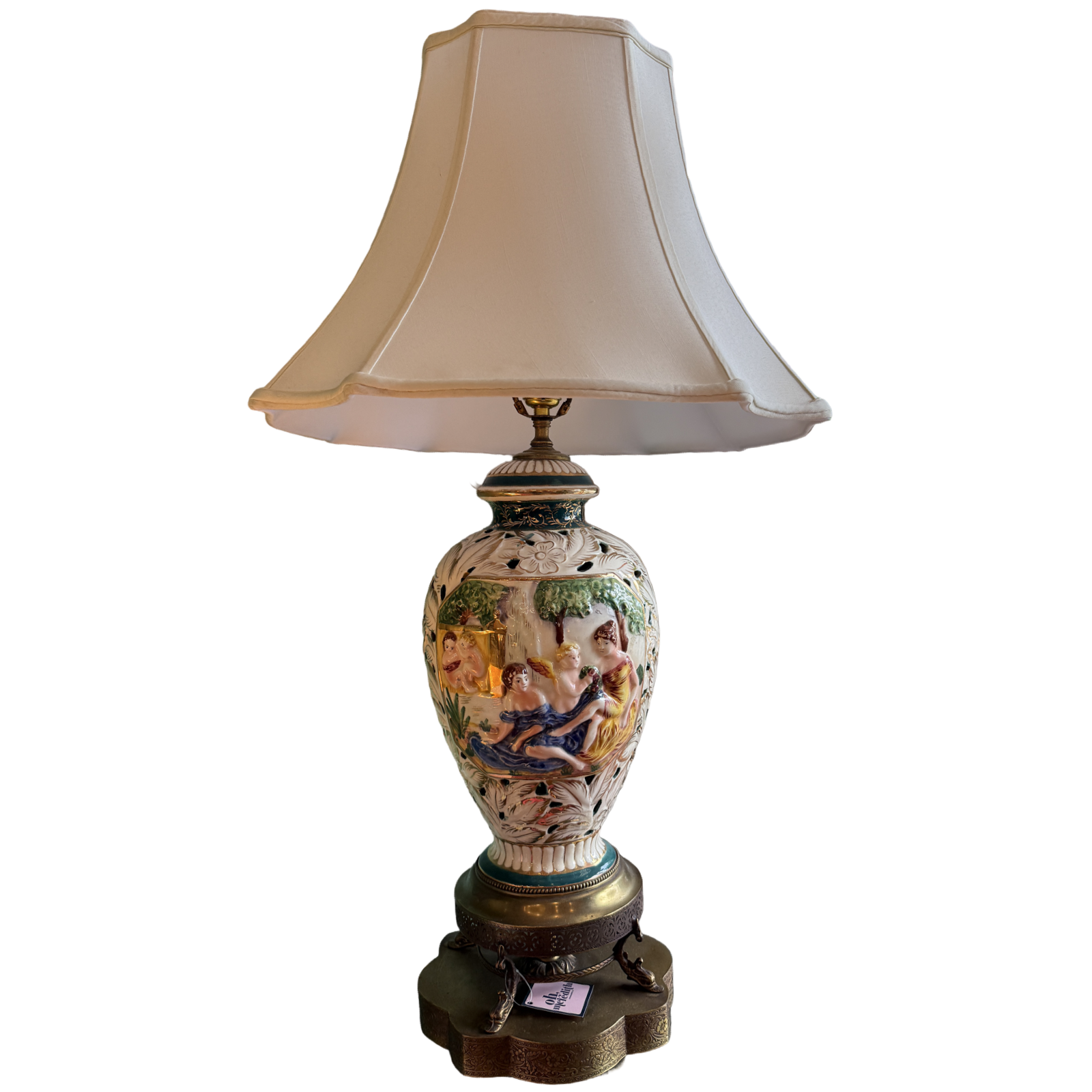Pair of Vintage Capodimonte Cherub Vineyard Porcelain Table Lamp with Gilt Base