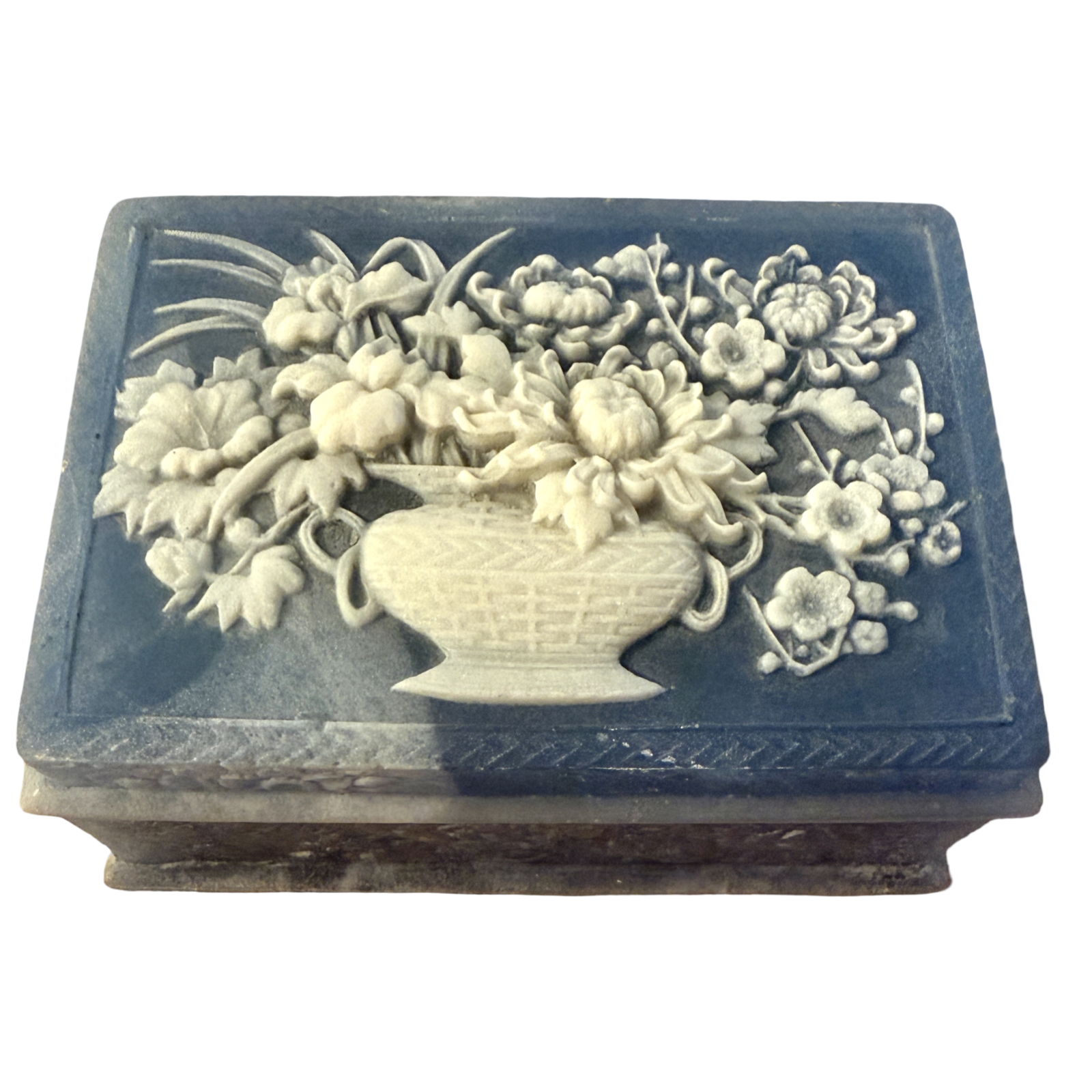 Vintage Blue Incolay Stone Floral Trinket Box