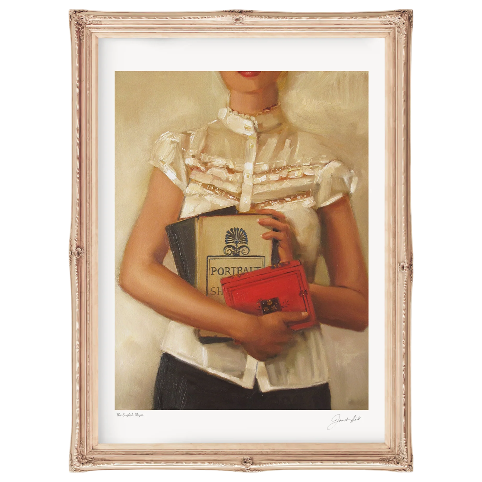 Framed artwork of a person holding books with a red clutch.