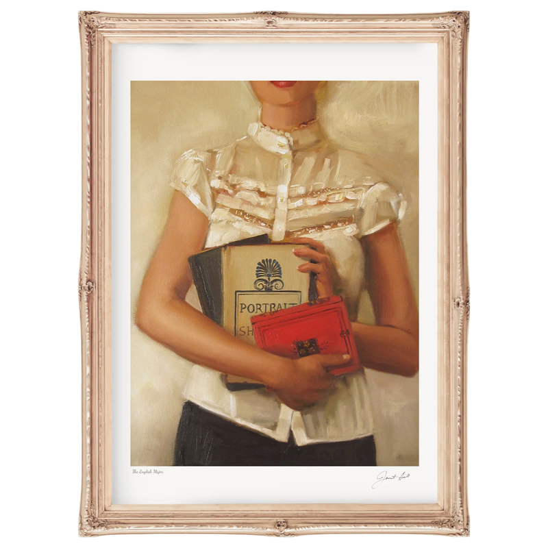 Framed artwork of a person holding books with a red clutch.