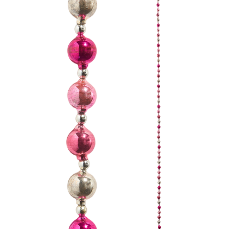 Decorative string with pink and silver beads on a white background