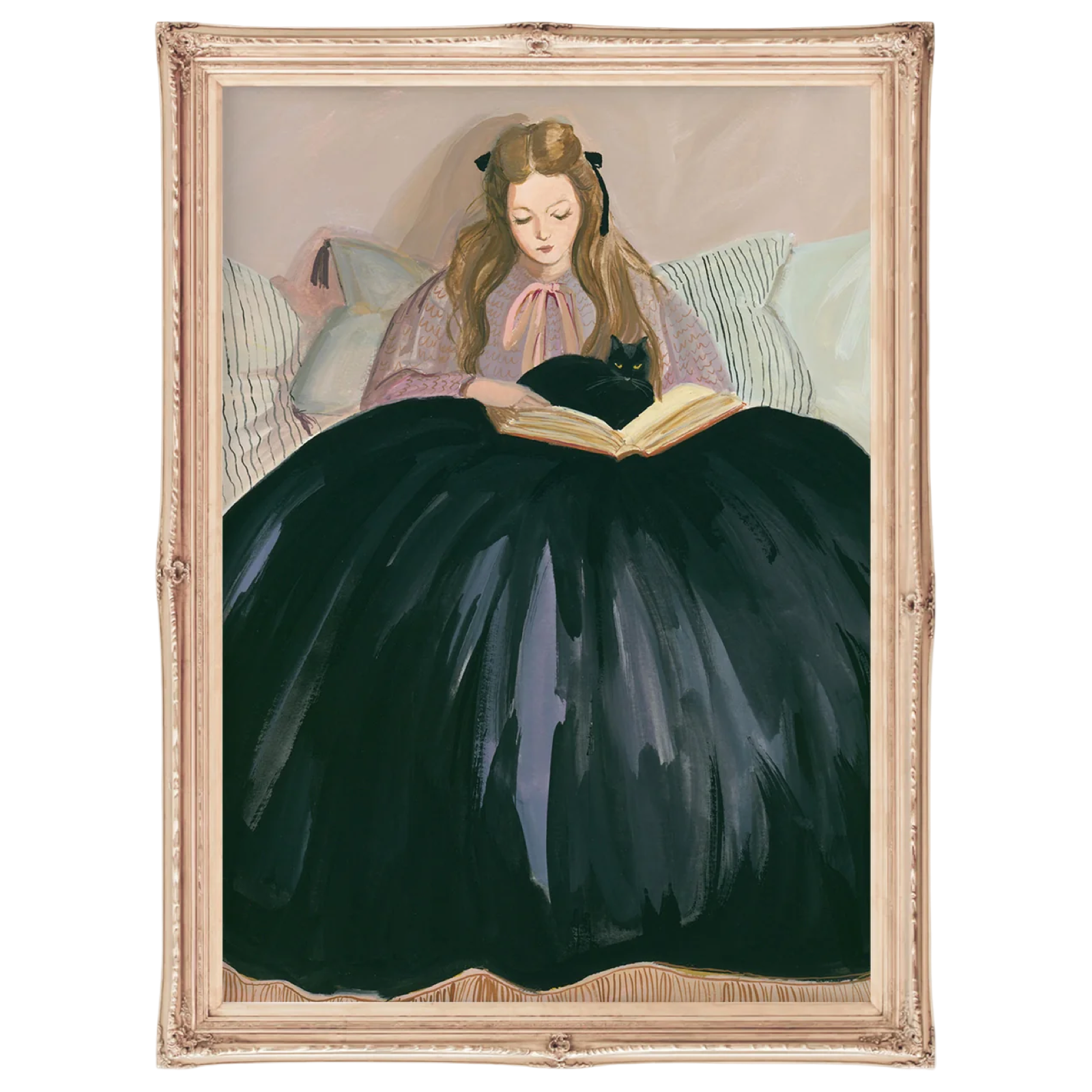 Framed artwork of a woman in a dark dress reading a book with a cat on her lap.