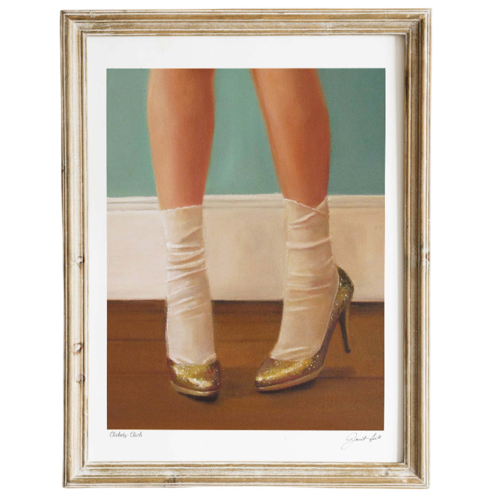 Framed artwork of legs wearing white stockings and gold high heels on a wooden floor.