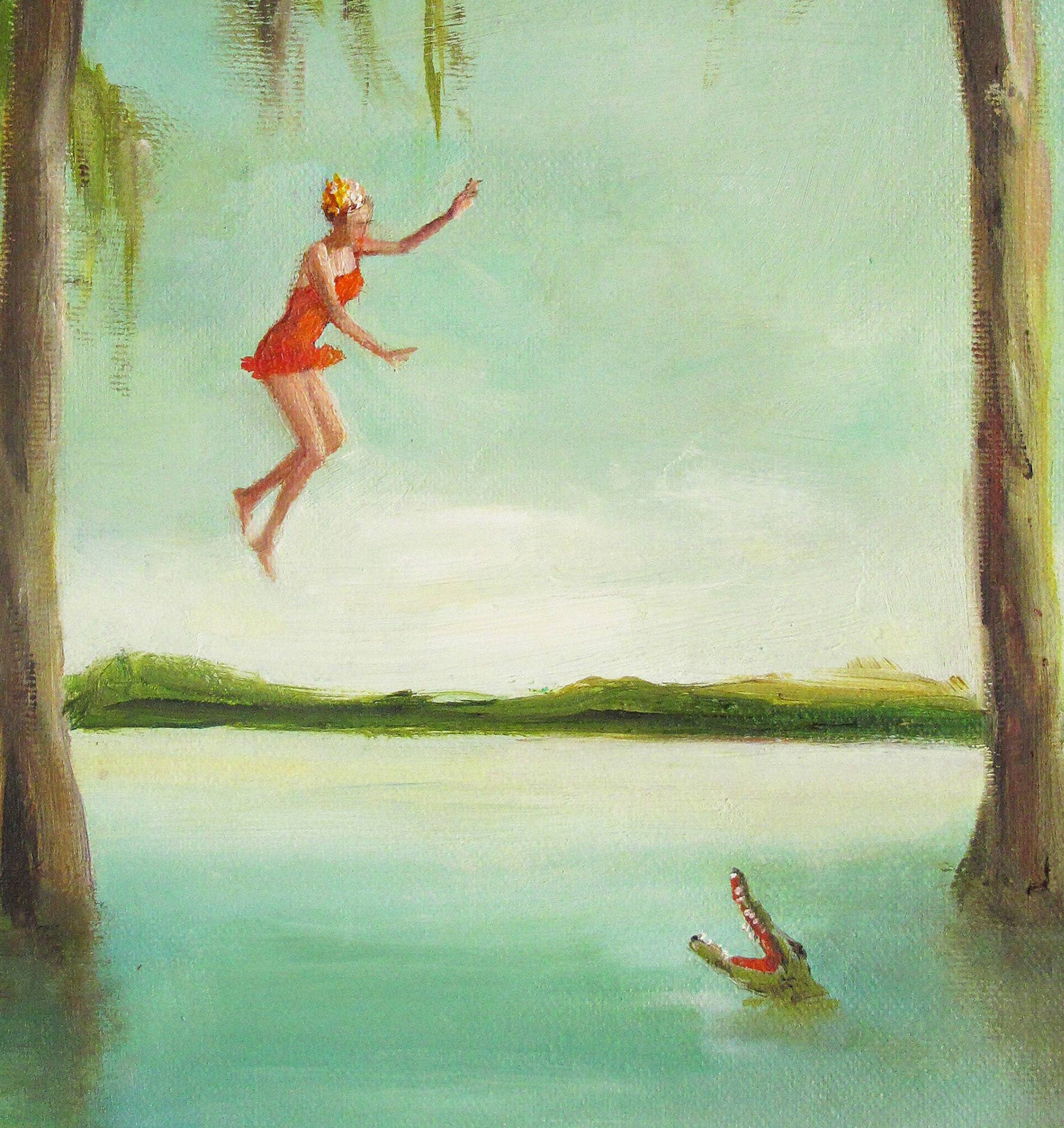 Woman in a red swimsuit jumping into water with a crocodile below, surrounded by trees and greenery.