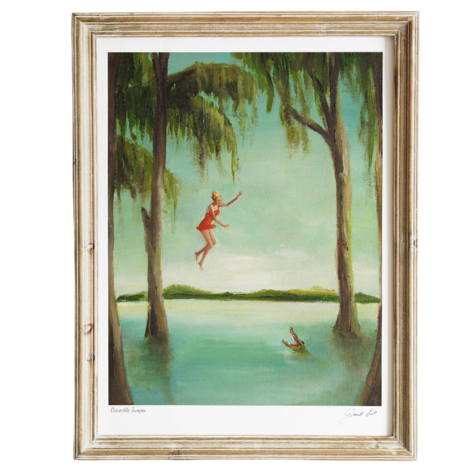 Framed artwork of a woman in a red dress jumping into a lake surrounded by trees.