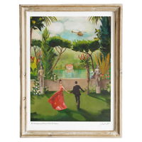 Framed artwork of a couple holding hands in a garden with a helicopter in the sky.
