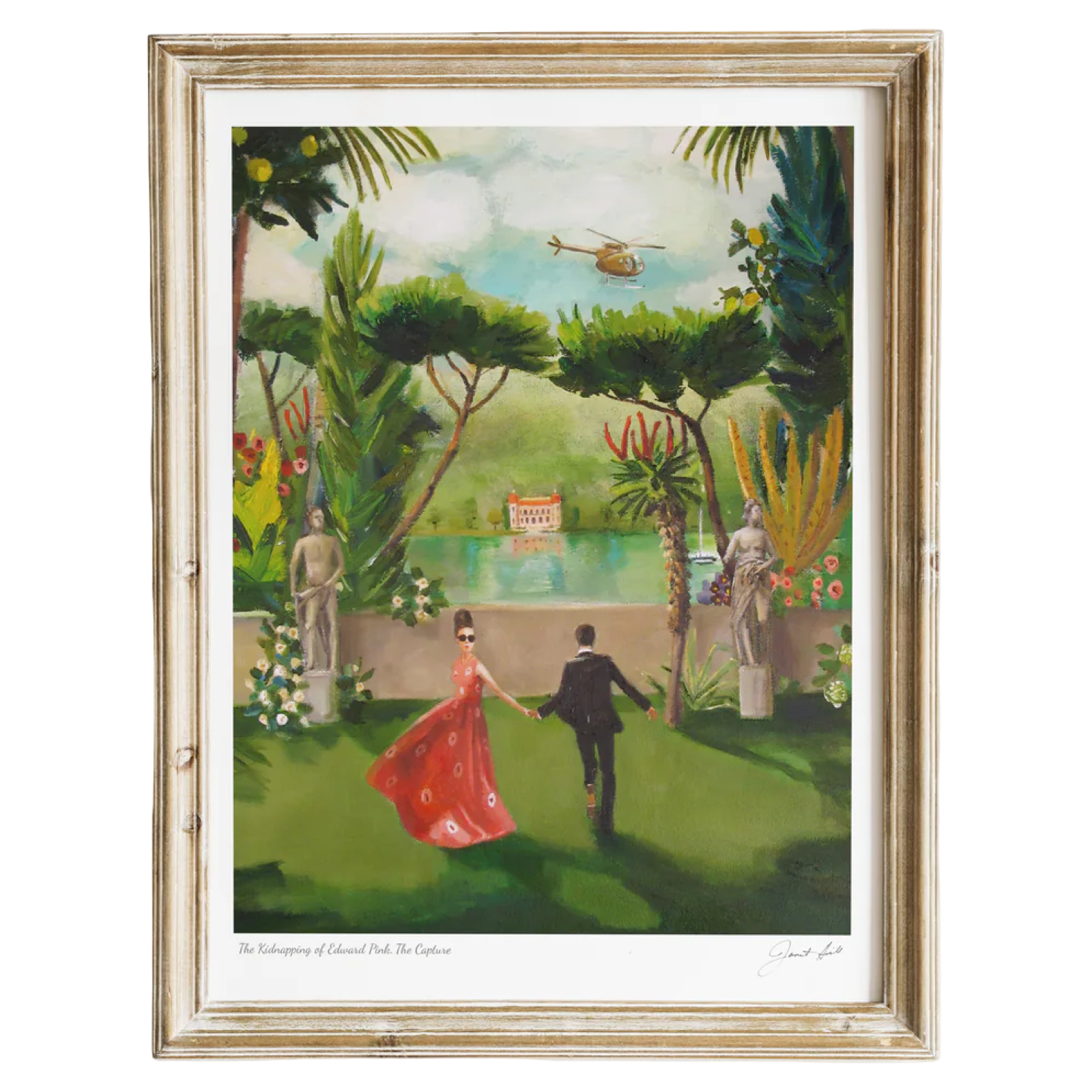 Framed artwork of a couple holding hands in a garden with a helicopter in the sky.
