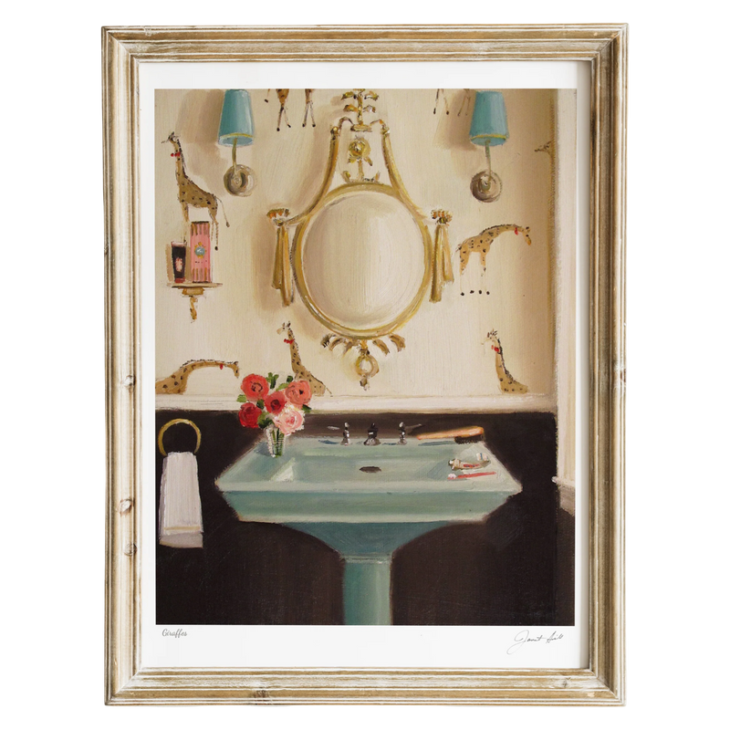 Framed artwork of a bathroom scene with a sink, mirror, and decorative elements.