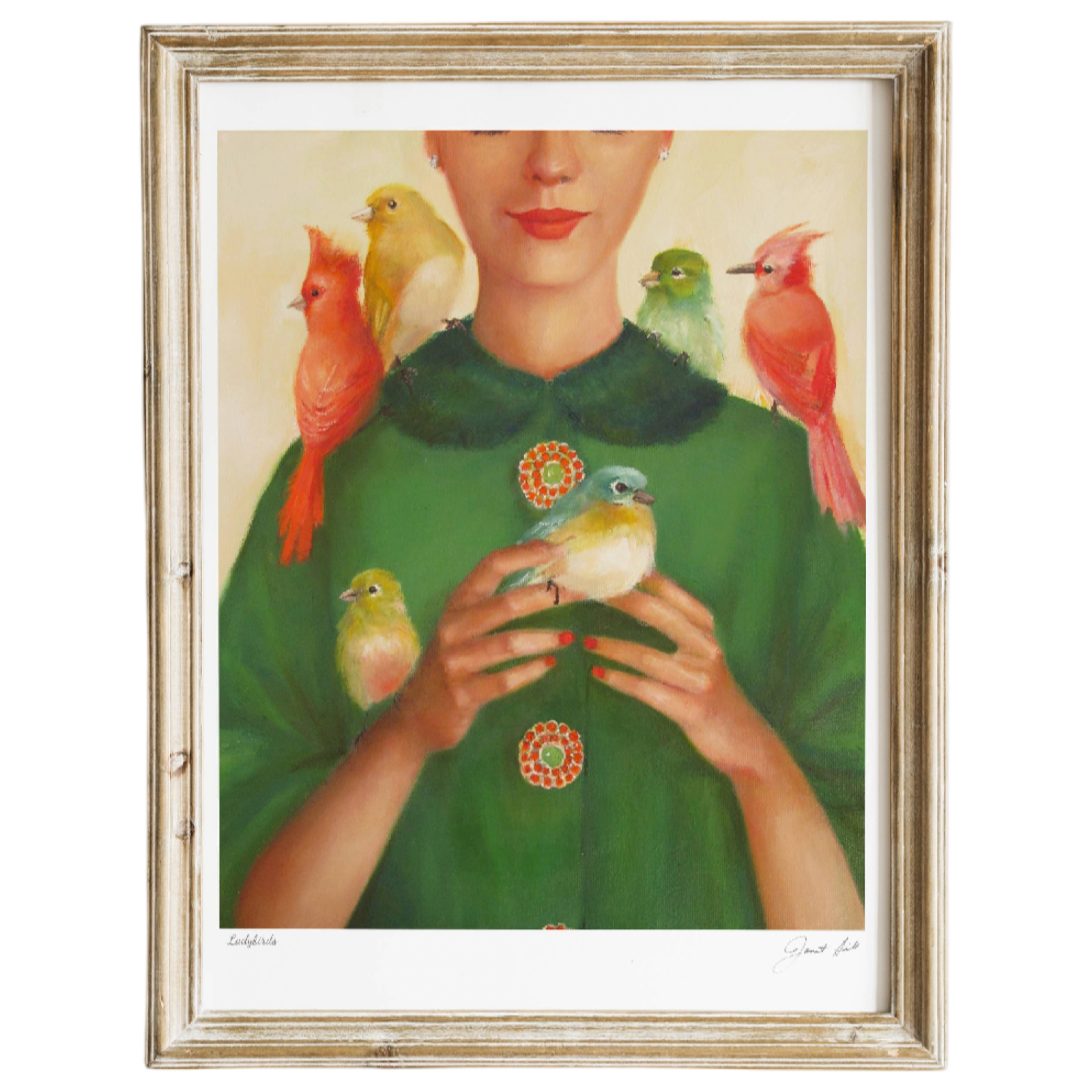 Framed artwork of a woman with birds on her shoulders and green dress.