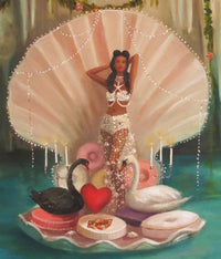 Artistic depiction of a woman in a shell with swans and donuts on a decorative platform.