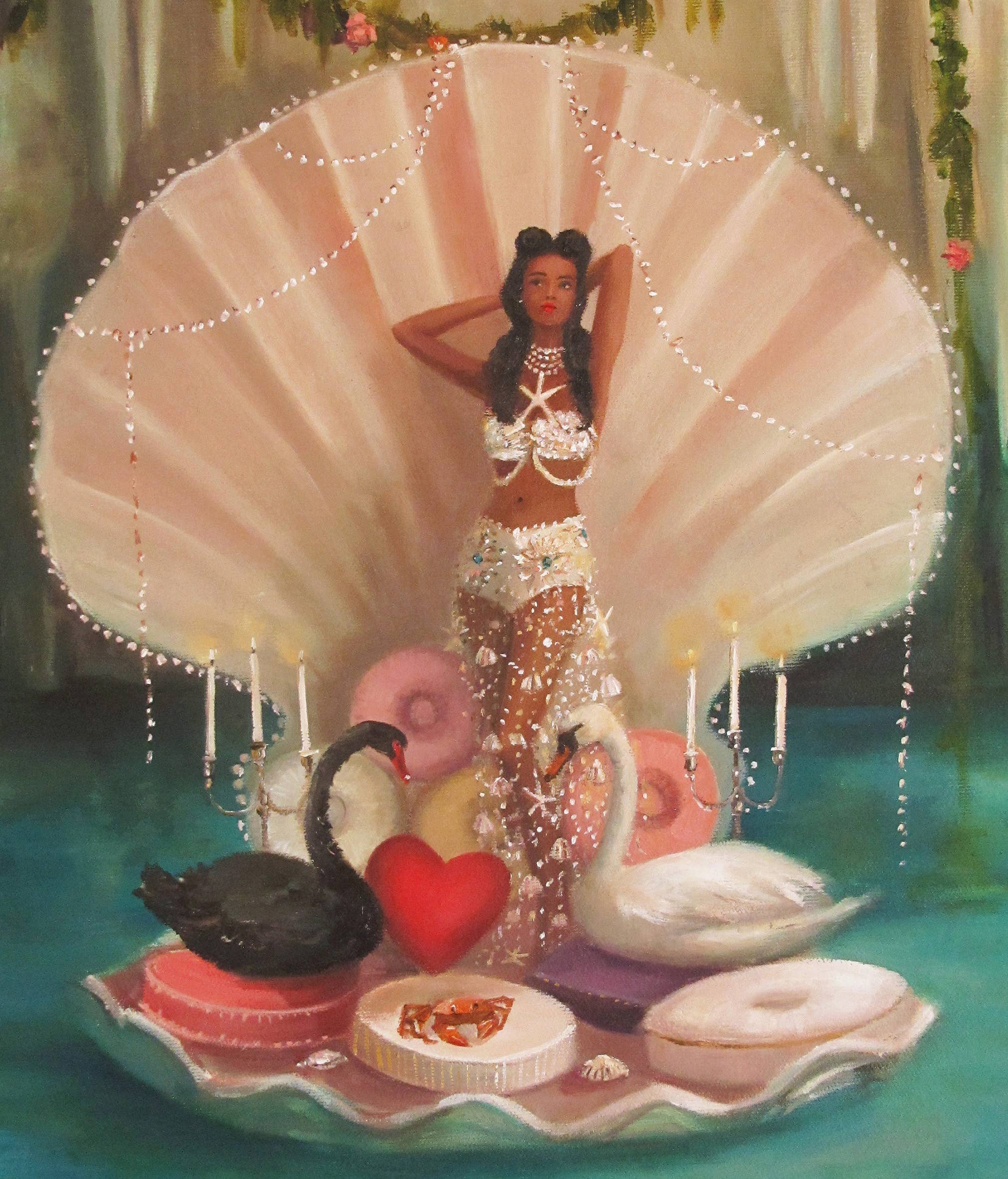 Artistic depiction of a woman in a shell with swans and donuts on a decorative platform.