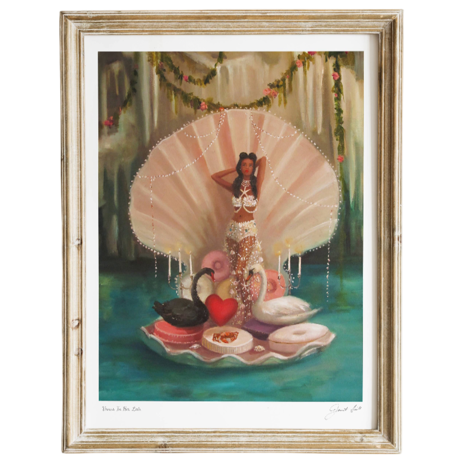 Framed artwork of a woman in a decorative setting with a shell and heart