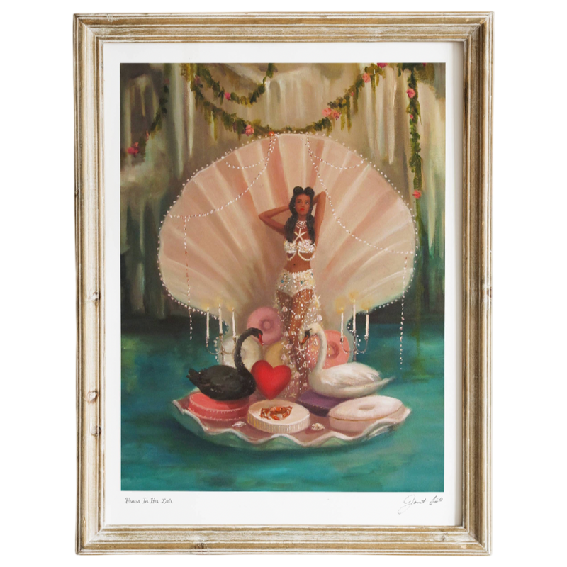 Framed artwork of a woman in a decorative setting with a shell and heart