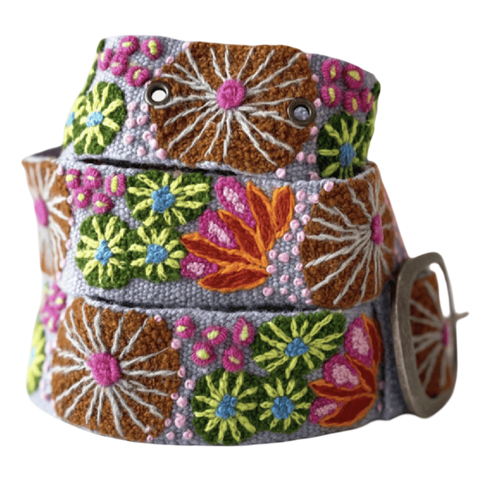 Jenny Krauss Evening Shade wool belt with colorful floral embroidery and metal buckle