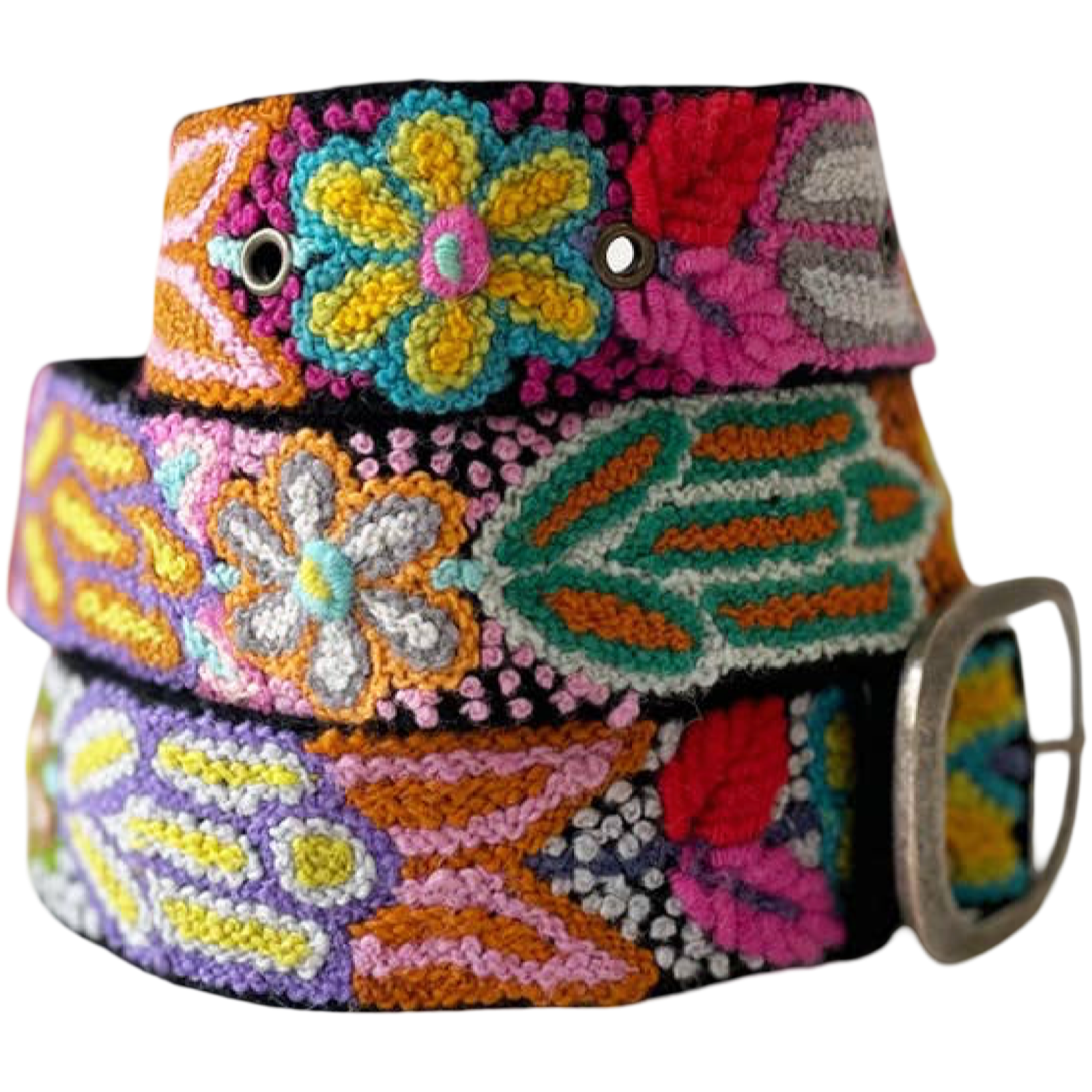 Jenny Krauss Folklorica black wool belt with colorful hand-embroidered floral design and metal buckle