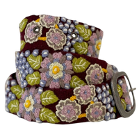 Jenny Krauss Morning Glory wool belt with colorful floral embroidery and metal buckle