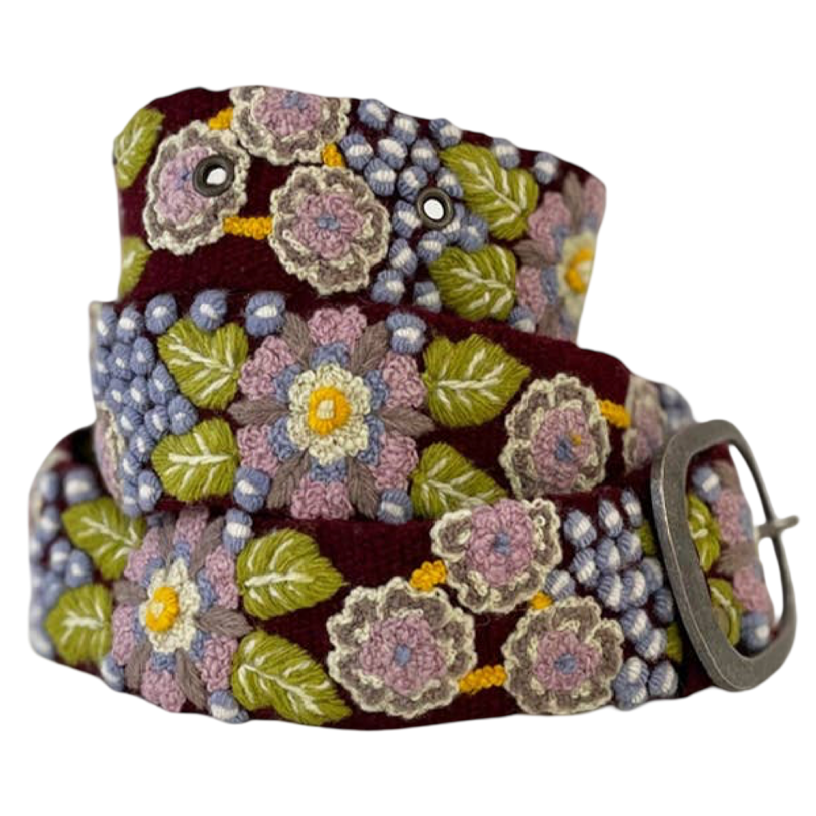 Jenny Krauss Morning Glory wool belt with colorful floral embroidery and metal buckle