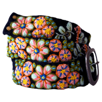 Jenny Krauss Southwest Walkabout black wool belt with vibrant multicolor embroidered motifs and metal buckle