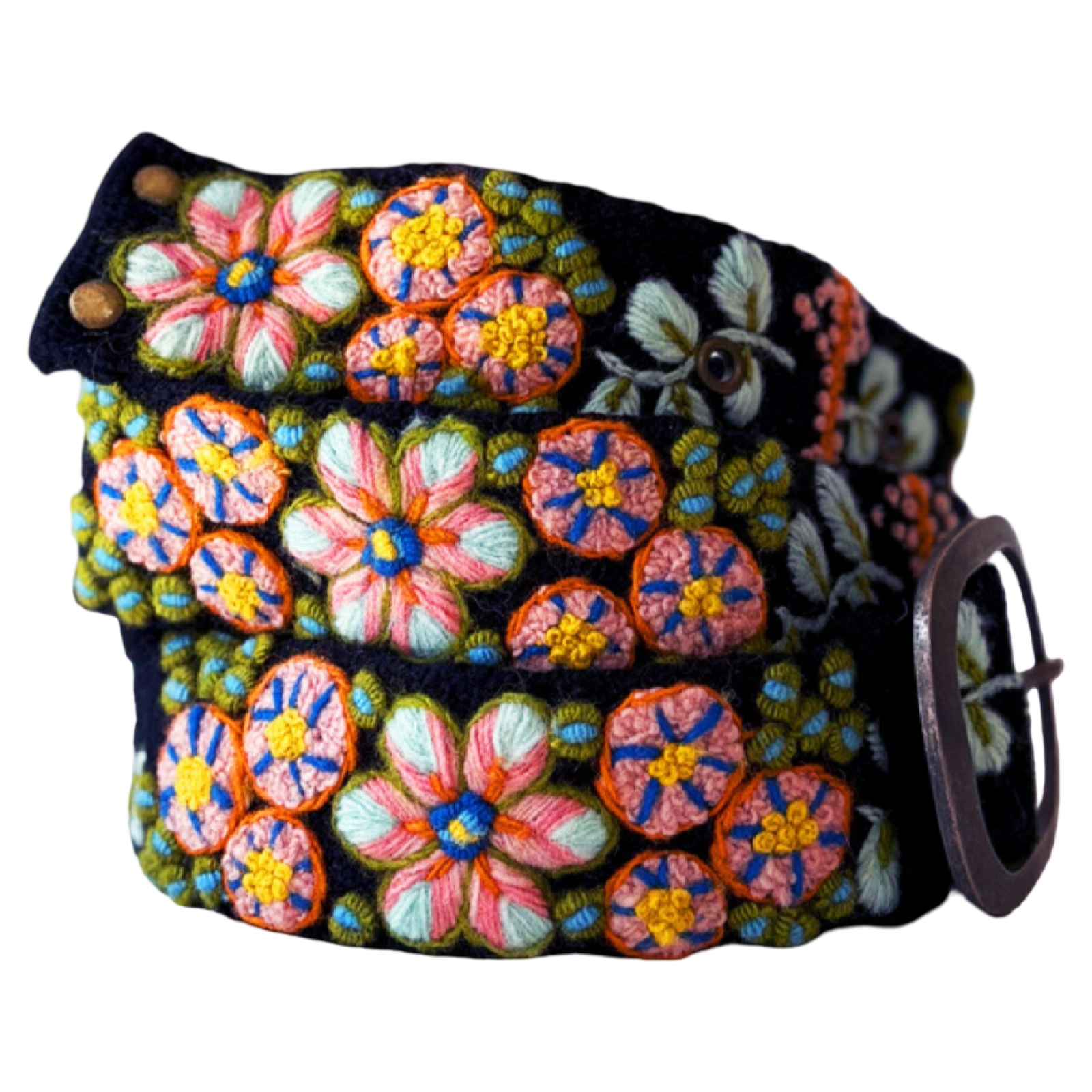 Jenny Krauss Southwest Walkabout black wool belt with vibrant multicolor embroidered motifs and metal buckle
