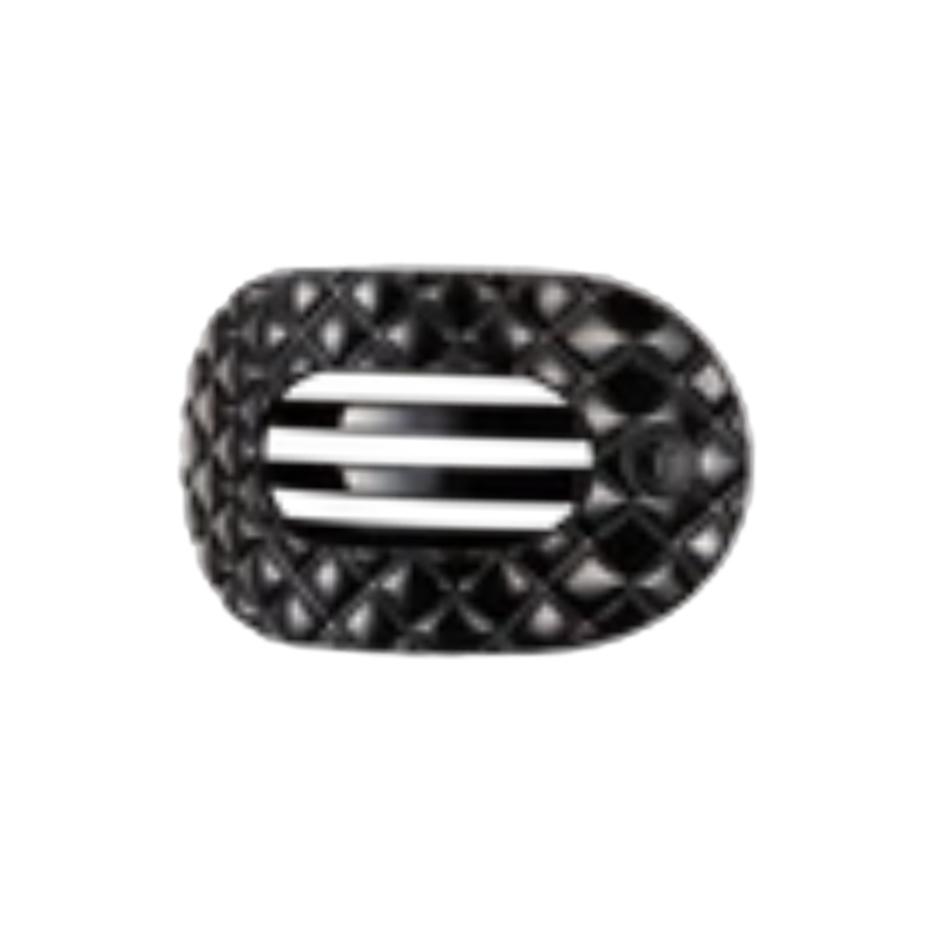 Black decorative object with a central silver stripe on a white background