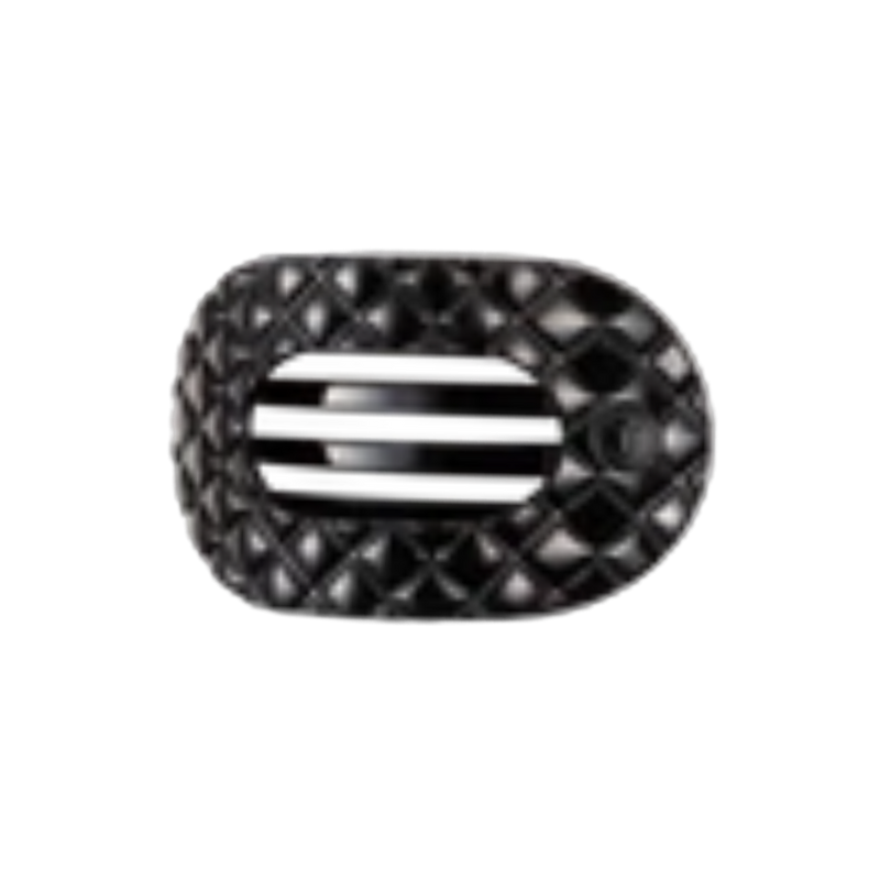 Black decorative object with a central silver stripe on a white background