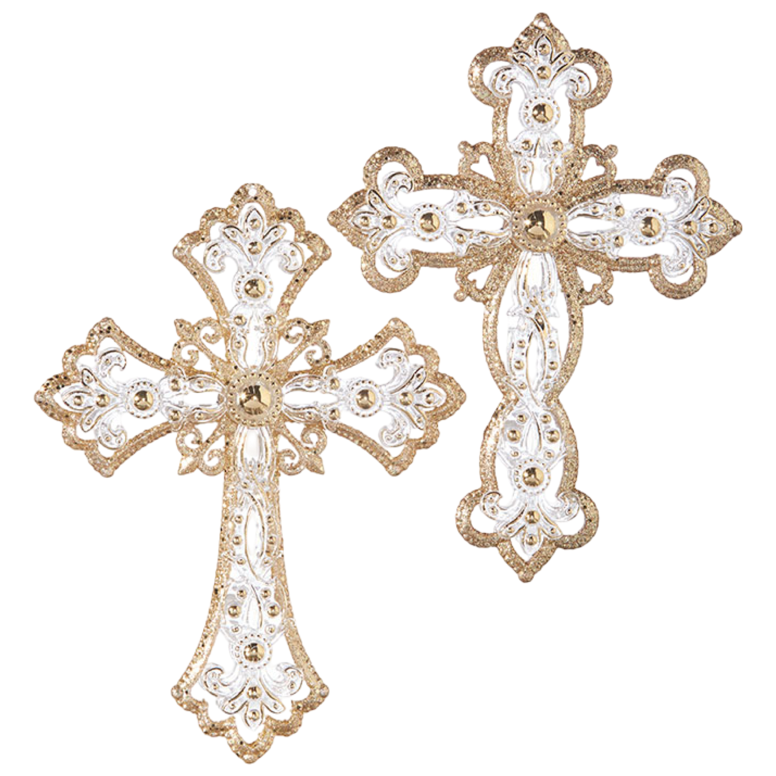 Decorative cross with gold and white detailing on a white background