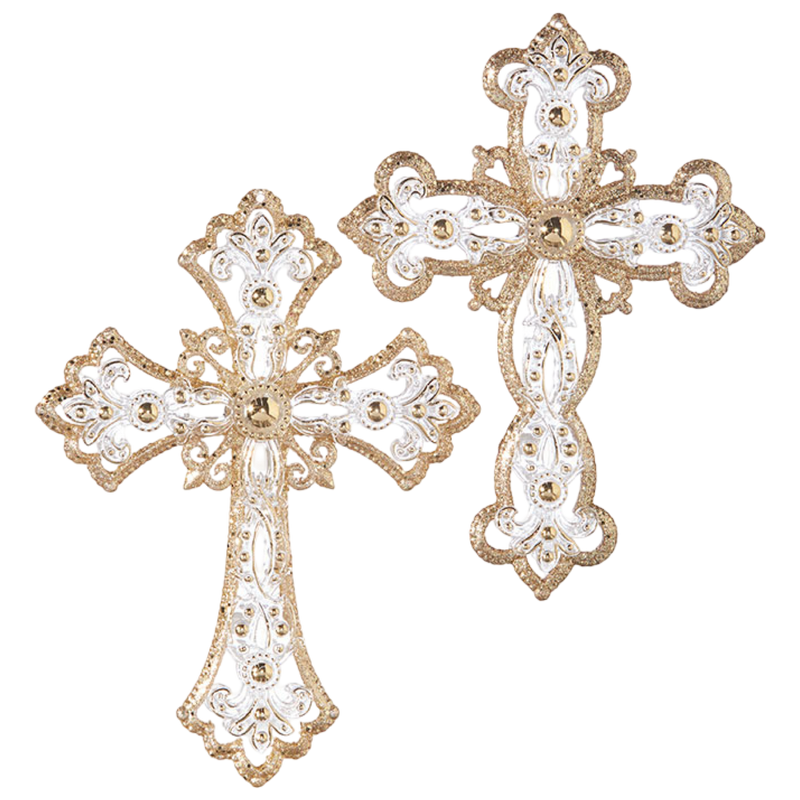 Decorative cross with gold and white detailing on a white background