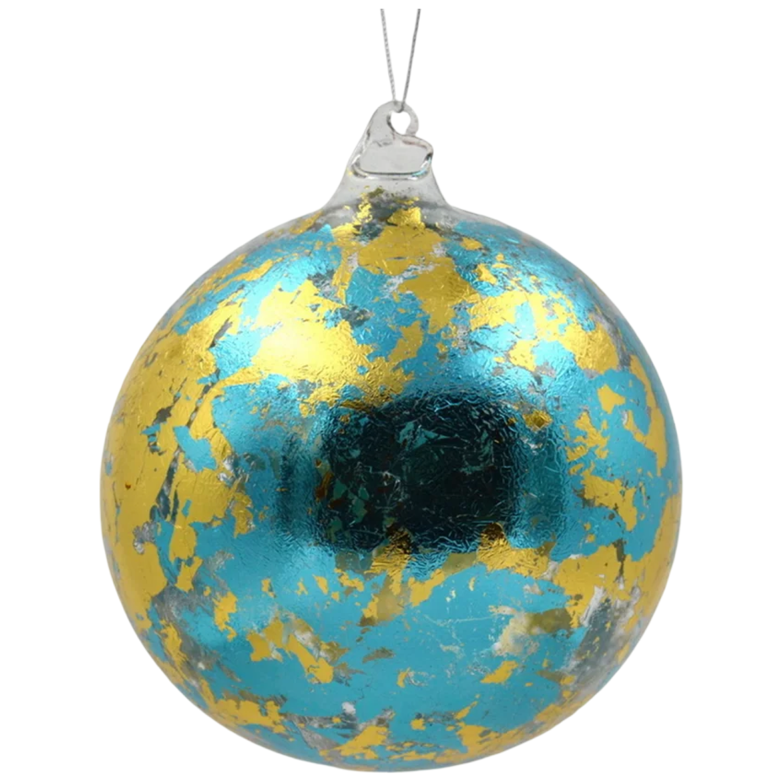 Decorative glass ball with gold and blue patterns on a white background
