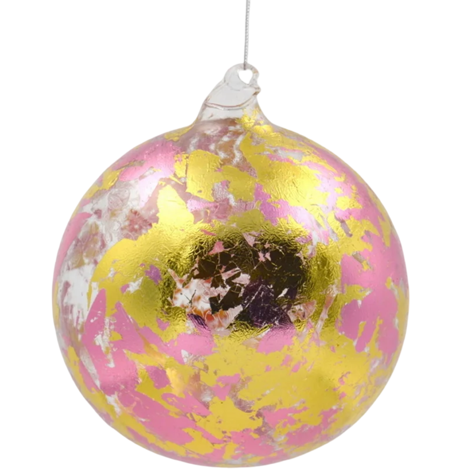 Decorative glass ball with pink, yellow, and white speckles on a white background