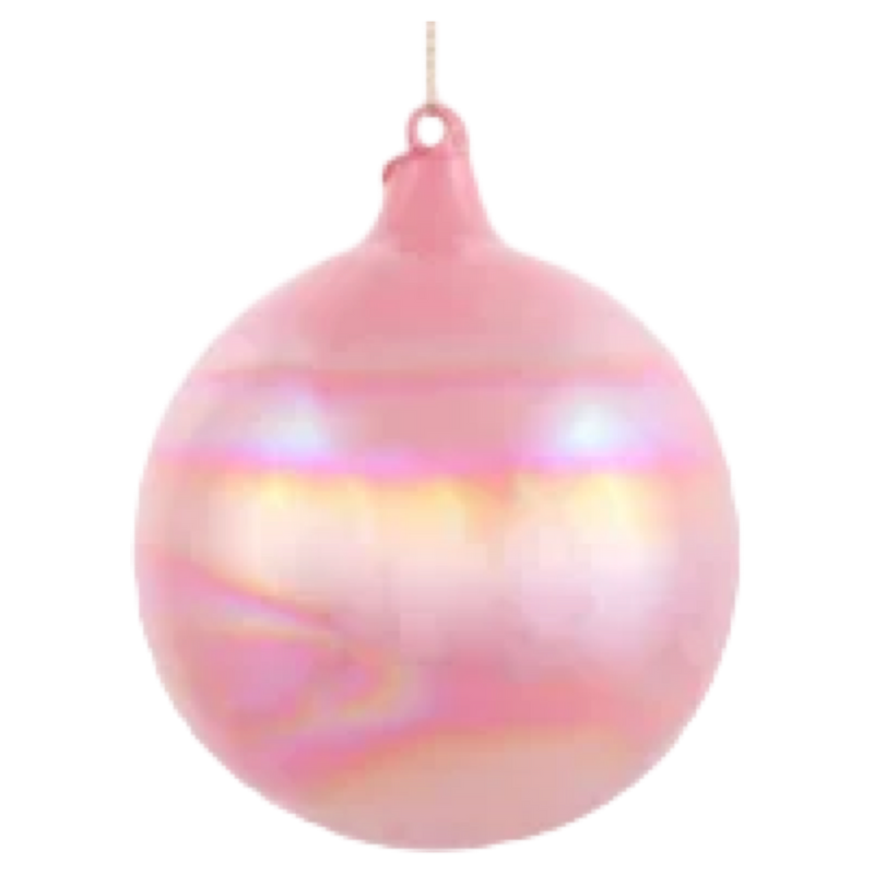 Pink iridescent Christmas ball ornament on a white background