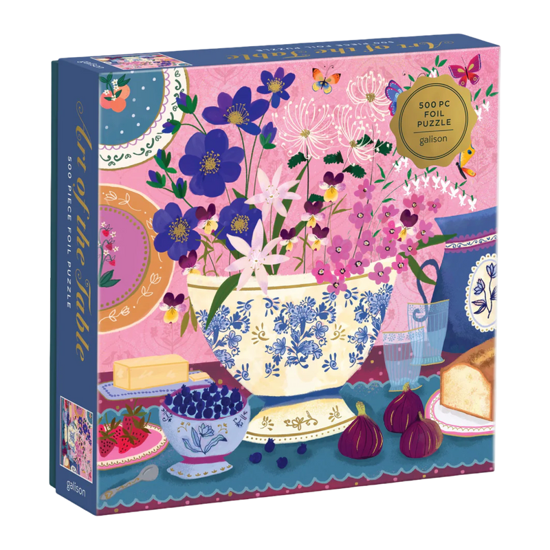 Joy Laforme Art of the Table puzzle, Joy Laforme foil puzzle, 500 piece puzzle, still life jigsaw puzzle, floral puzzle for adults, porcelain vase puzzle, violets and figs puzzle, elegant art puzzle, collectible Joy Laforme puzzle, Galison 500 piece puzzle, fruit still life puzzle, foil accent jigsaw, puzzle gift for art lovers