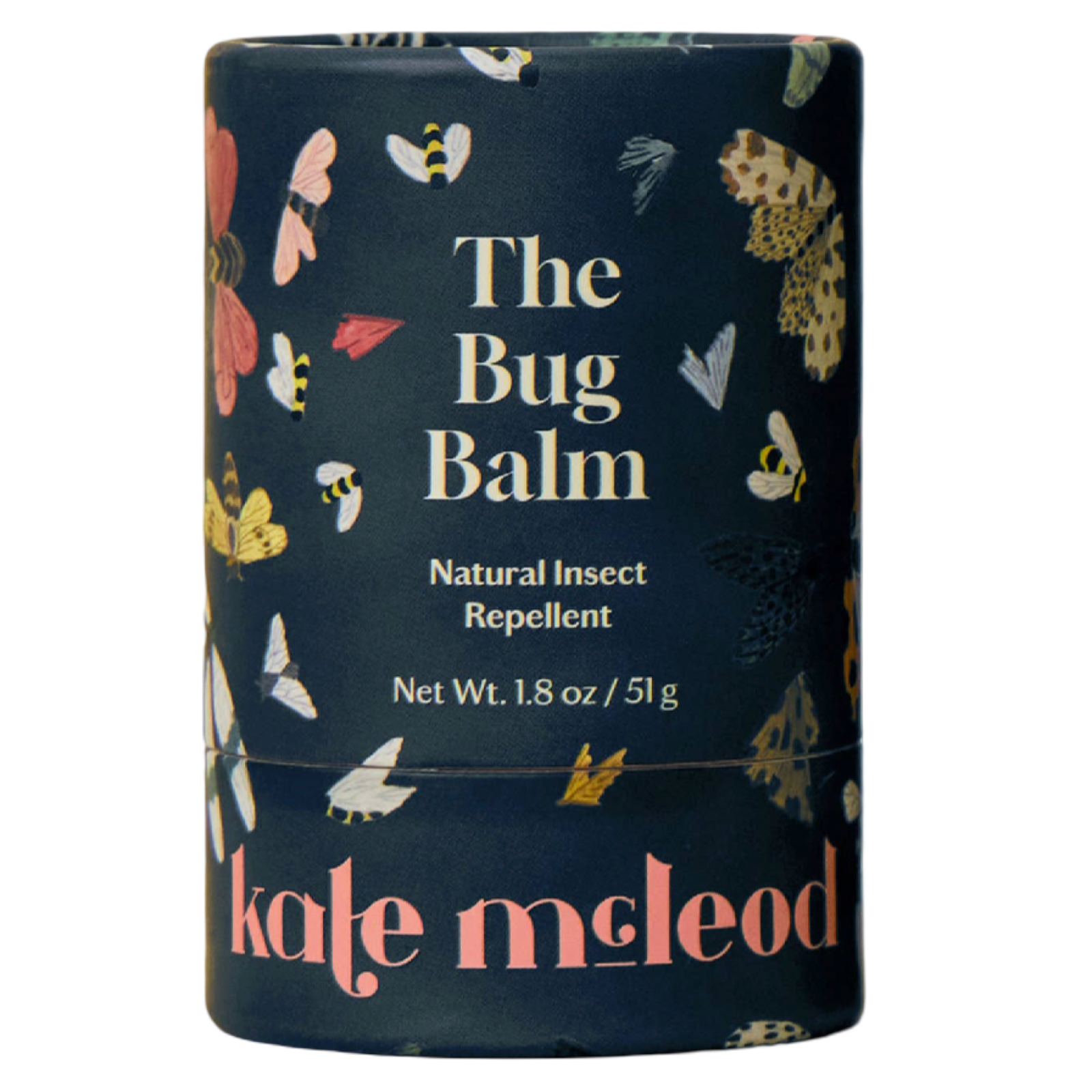 Container of 'The Bug Balm' natural insect repellent by Kate McLeod with decorative design on a white background.