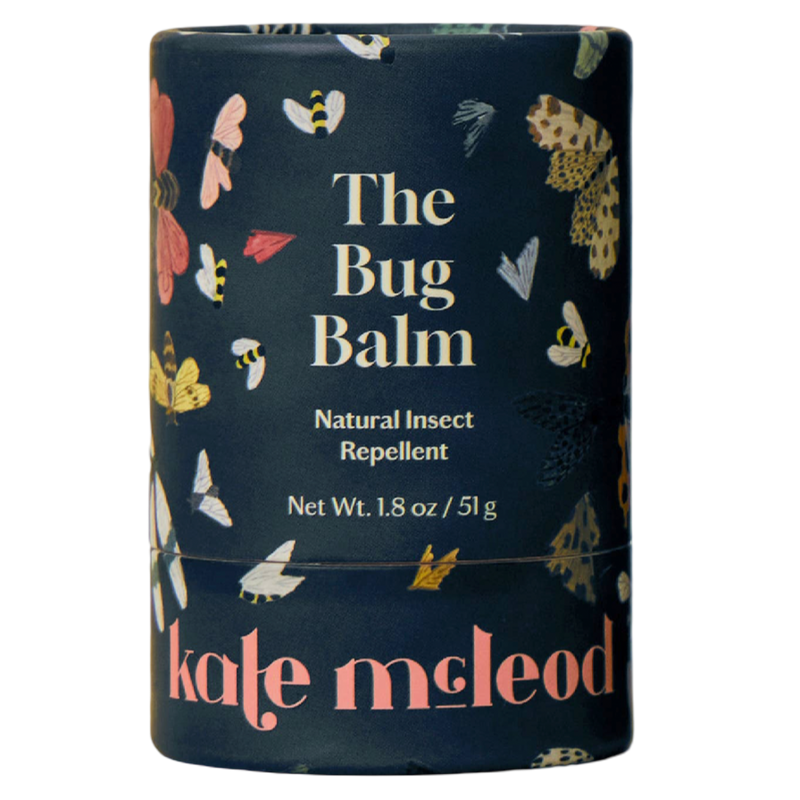 Container of 'The Bug Balm' natural insect repellent by Kate McLeod with decorative design on a white background.