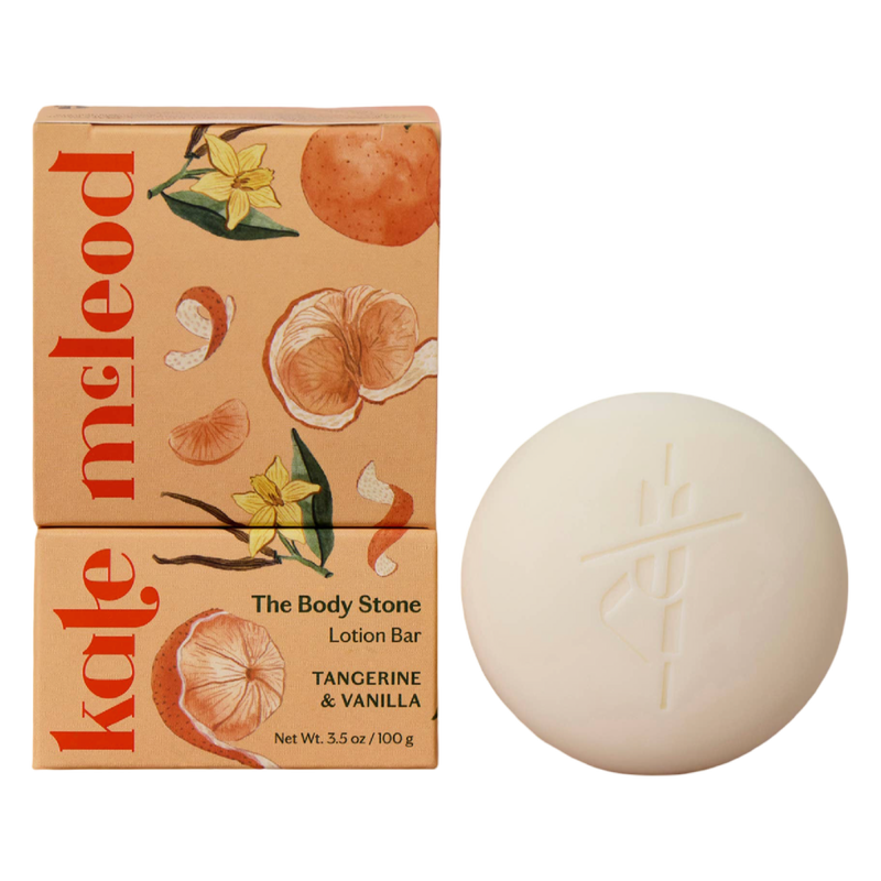 Lotion bar with packaging featuring tangerine illustrations on a white background