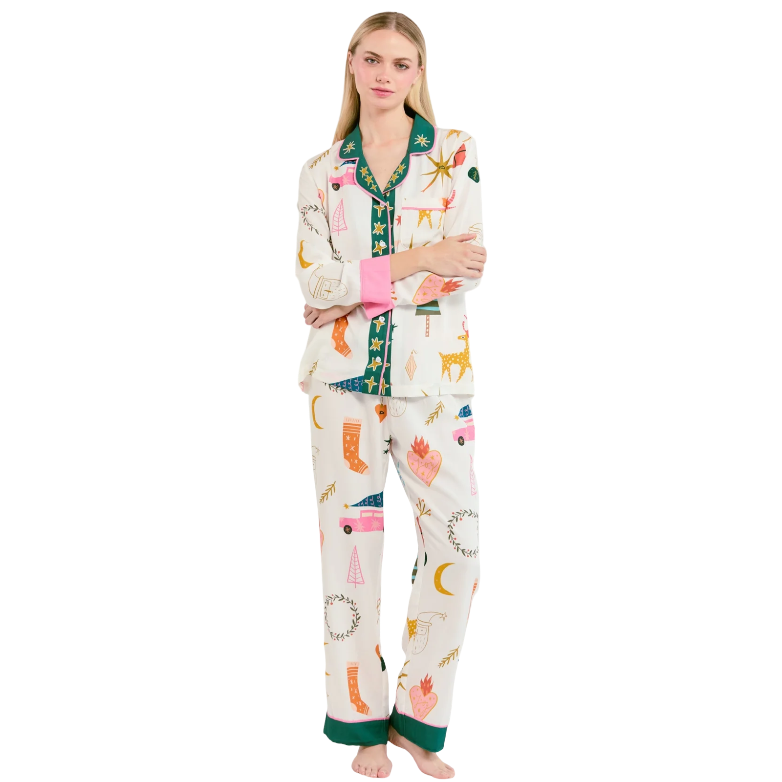 Woman wearing a colorful pajama set with cartoon designs on a white background