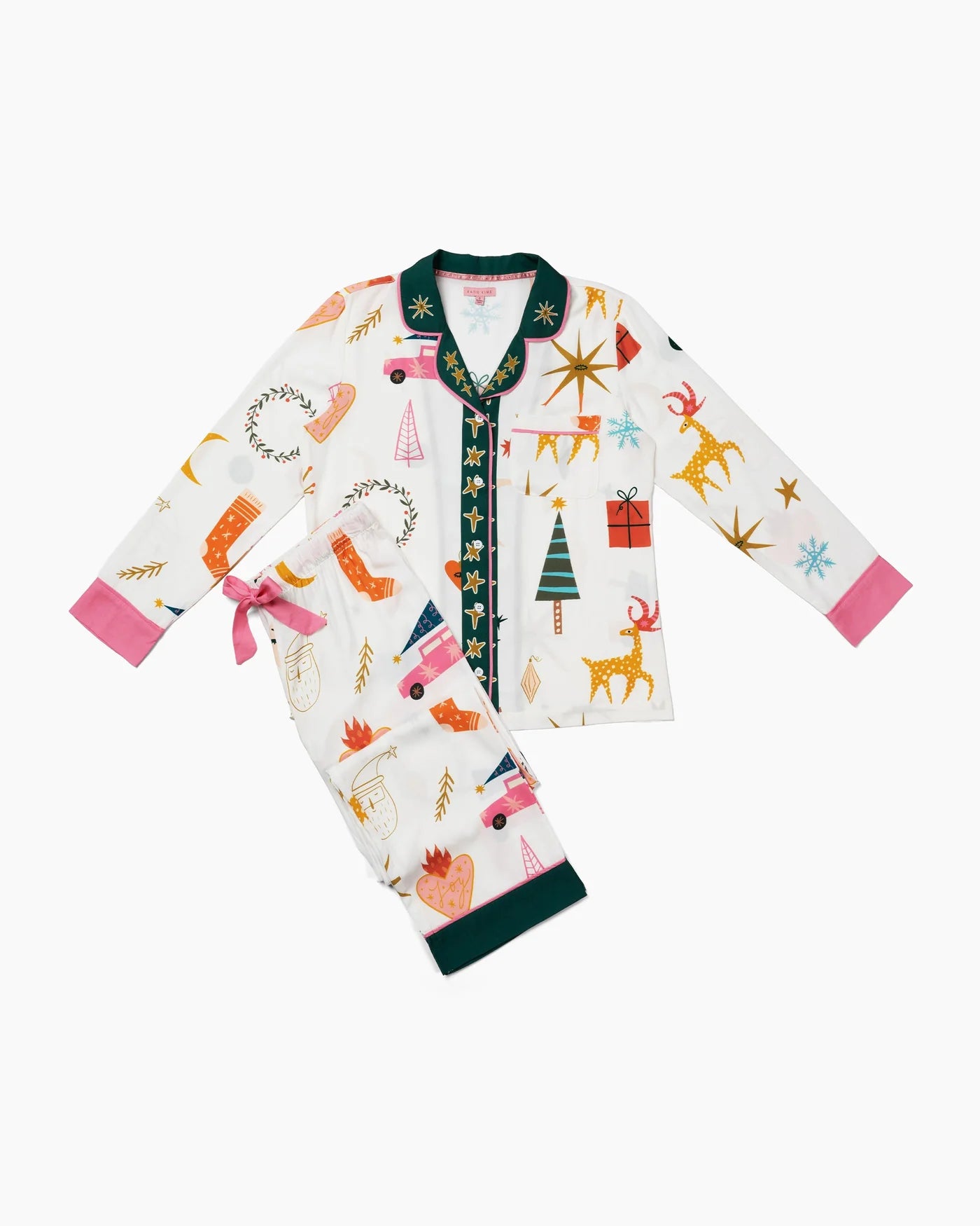 Children's pajama set with festive pattern on a white background