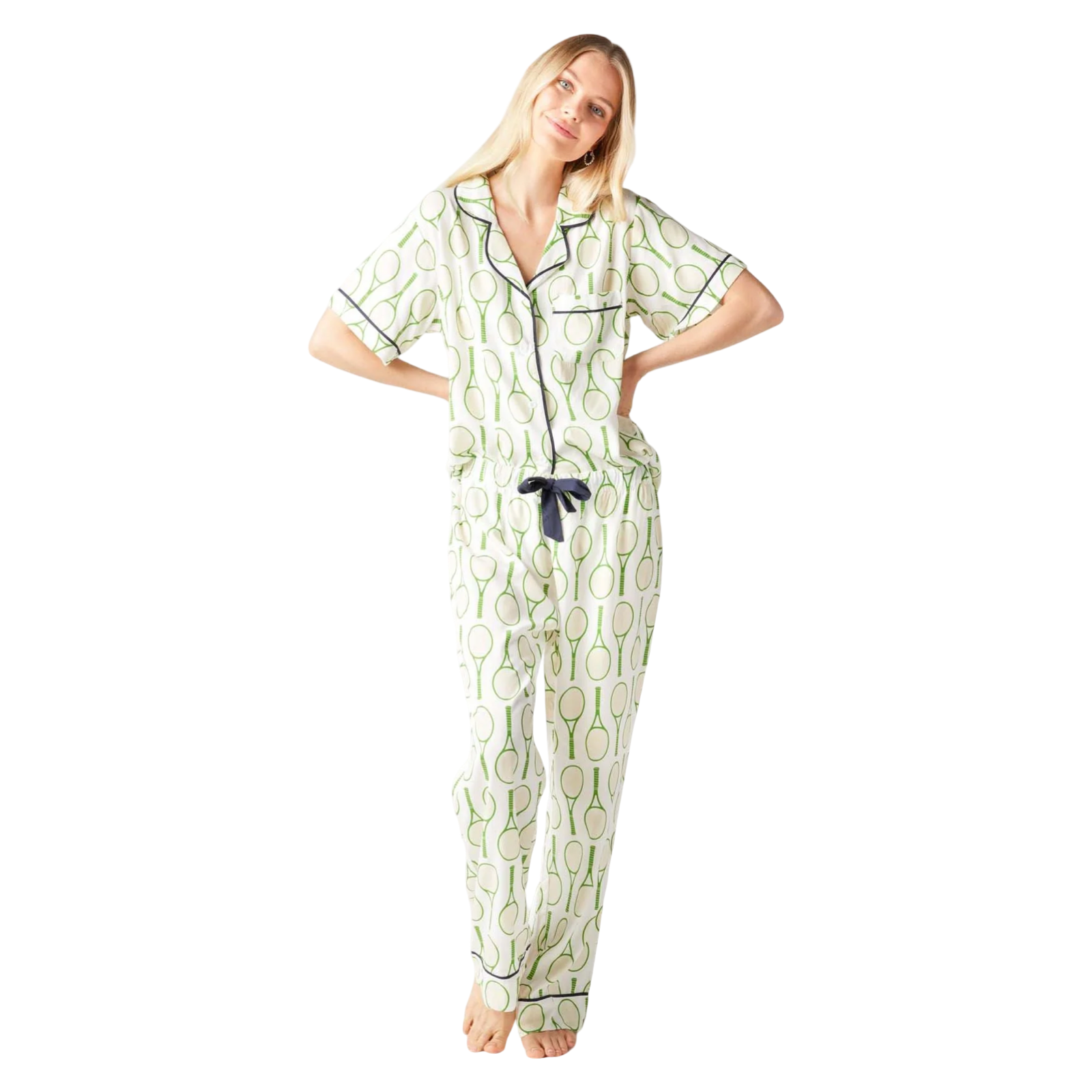 Katie Kime pajamas, Tennis Time pajama set, green pajama set, women’s luxury pajamas, boutique loungewear, gift-worthy sleepwear, Katie Kime retailer, classic pajama set, cotton pajama set, preppy pajamas, tennis gift, country club style
