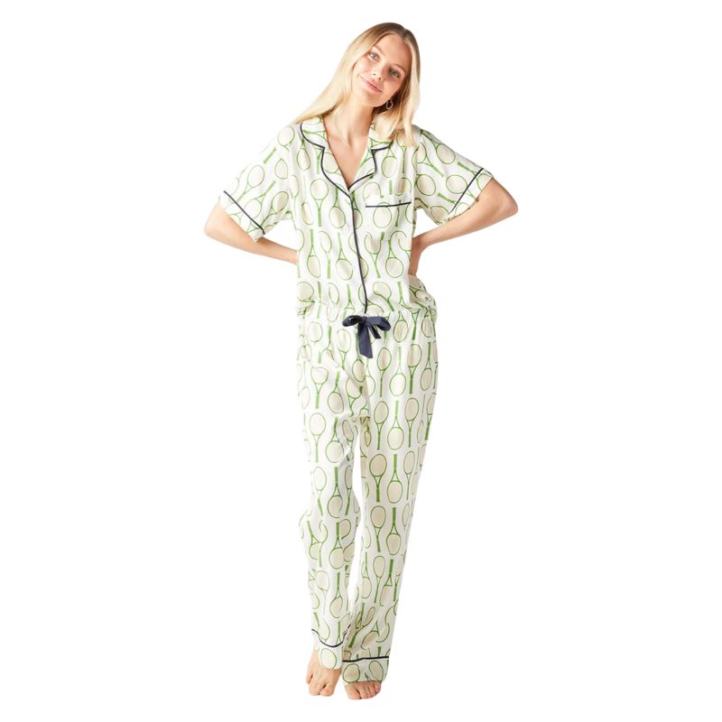 Katie Kime pajamas, Tennis Time pajama set, green pajama set, women’s luxury pajamas, boutique loungewear, gift-worthy sleepwear, Katie Kime retailer, classic pajama set, cotton pajama set, preppy pajamas, tennis gift, country club style