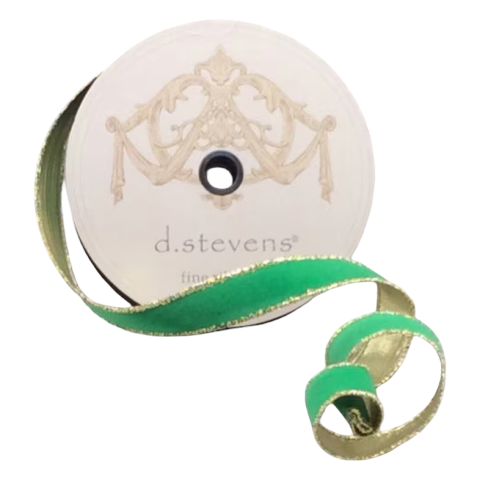 Kelly green flocked velvet ribbon with metallic gold backing and gold edging, 1 inch wide, shown curled beside a 25-yard spool for bows, ornaments, wreaths, and gift wrapping.